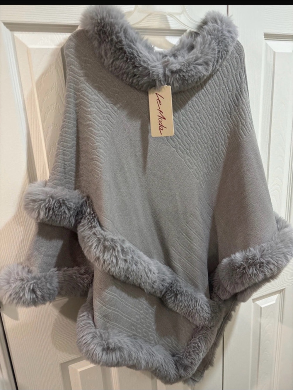 Le Moda Gray Faux-Fur Trim Cape Poncho